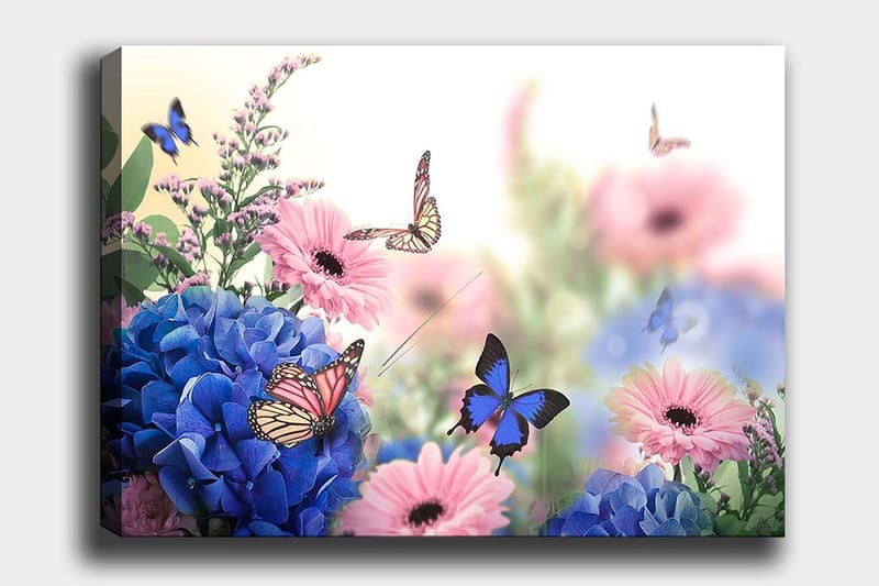 Canvas taulu 70x100 cm - Värikäs kukkien ja perhosten sommitelma harmonisessa luonnonympäristössä - Sininen / Vaaleanpunainen / Violetti - Sisustustuotteet - Taulu & taide - Canvas-taulu