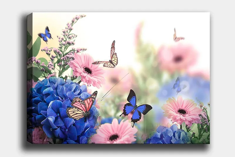 Canvas taulu 70x100 cm - Värikäs kukkien ja perhosten sommitelma harmonisessa luonnonympäristössä, Sininen / Vaaleanpunainen / Violetti