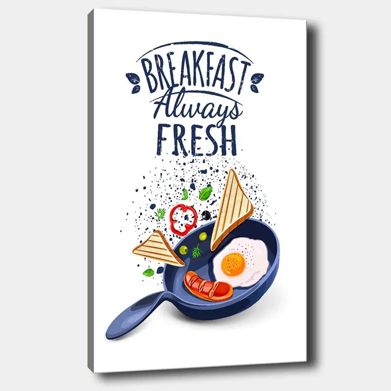 Canvas taulu 70x100 cm - Värikäs kuva aamiaisesta, jossa on munia, makkaraa ja paahtoleipää paistinpannulla, Sininen / Keltainen / Punainen