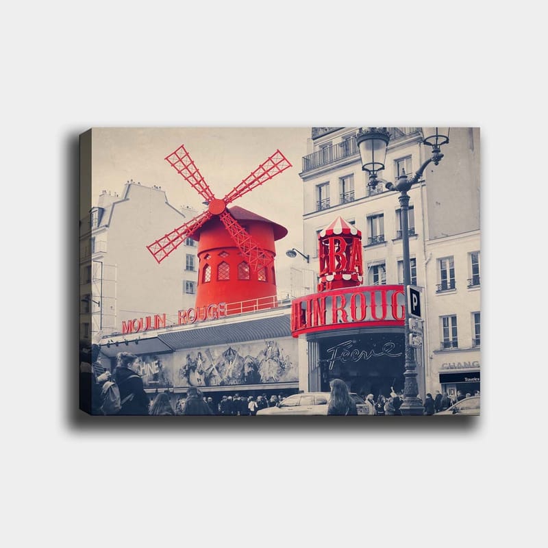 Canvas taulu 70x100 cm - Värikäs kuva Moulin Rougesta ja sen tyypillisestä punaisesta tuulimyllystä, Punainen / Musta / Harmaa