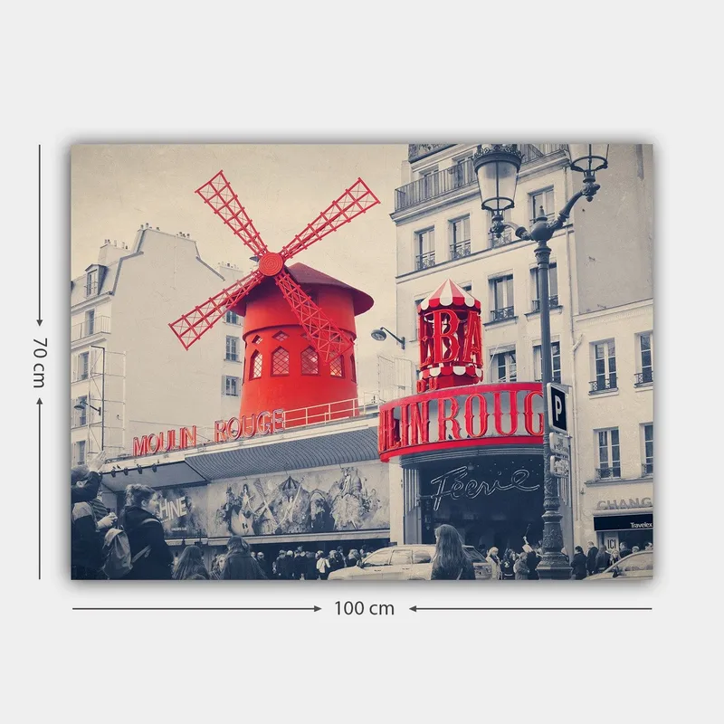Canvas taulu 70x100 cm - Värikäs kuva Moulin Rougesta ja sen tyypillisestä punaisesta tuulimyllystä - Punainen / Musta / Harmaa - Sisustustuotteet - Taulu & taide - Canvas-taulu