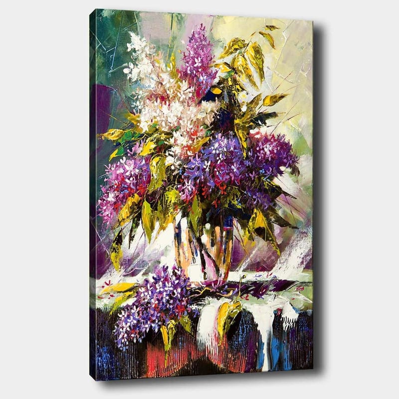 Canvas taulu 70x100 cm - Värikäs liljojen ja vihreiden lehtien kimppu maljakossa, Violetti / Vihreä / Valkoinen