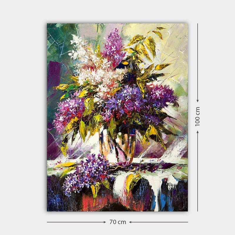 Canvas taulu 70x100 cm - Värikäs liljojen ja vihreiden lehtien kimppu maljakossa - Violetti / Vihreä / Valkoinen - Sisustustuotteet - Taulu & taide - Canvas-taulu