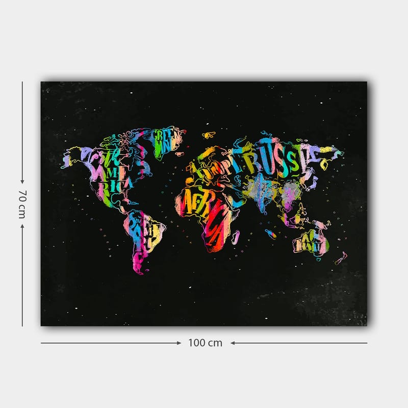 Canvas taulu 70x100 cm - Värikäs maailmankartta, joka on luotu tekstistä ja eri maita edustavista symboleista - Violetti / Punainen / Vihreä - Sisustustuotteet - Taulu & taide - Canvas-taulu
