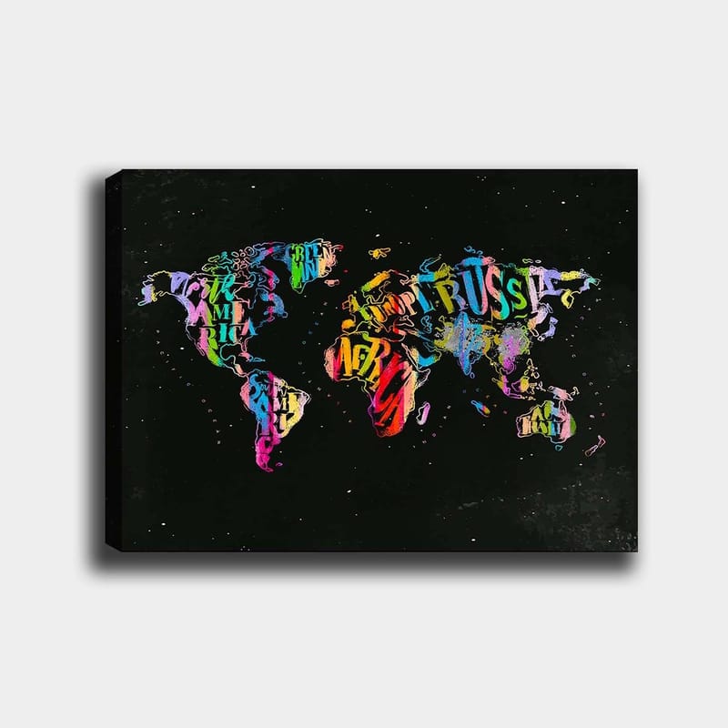 Canvas taulu 70x100 cm - Värikäs maailmankartta, joka on luotu tekstistä ja eri maita edustavista symboleista, Violetti / Punainen / Vihreä