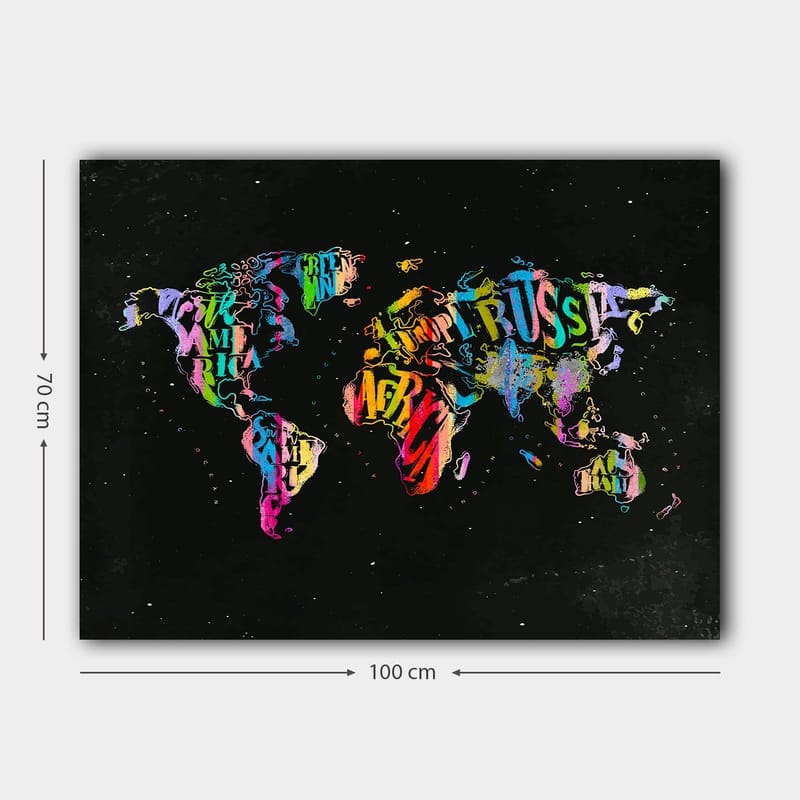 Canvas taulu 70x100 cm - Värikäs maailmankartta, joka on luotu tekstistä ja eri maita edustavista symboleista - Violetti / Punainen / Vihreä - Sisustustuotteet - Taulu & taide - Canvas-taulu