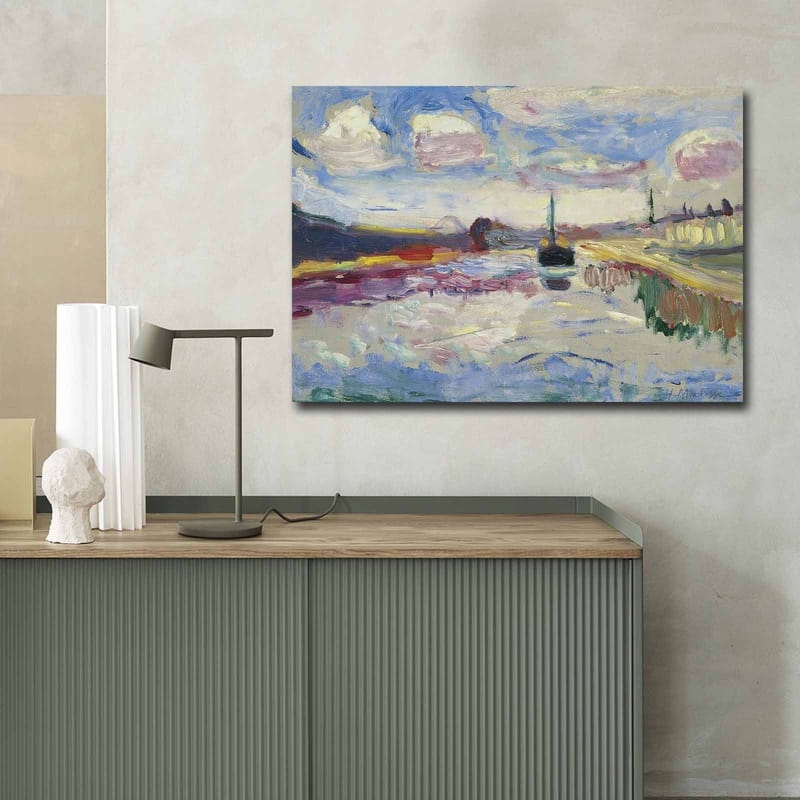 Canvas taulu 70x100 cm - Värikäs maisemamaalaus, jossa vene liukuu peilimäisellä veden pinnalla dramaattisen taivaan alla - Sininen / Valkoinen / Vihreä - Sisustustuotteet - Taulu & taide - Canvas-taulu