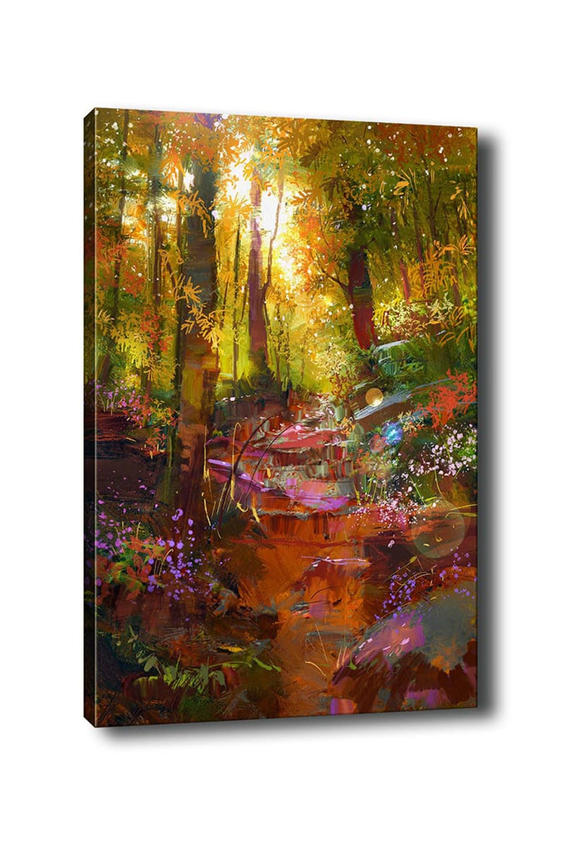 Canvas taulu 70x100 cm - Värikäs metsämaisema mutkittelevalla polulla ja valossa kukkivilla kukilla, Vihreä / Oranssi / Violetti