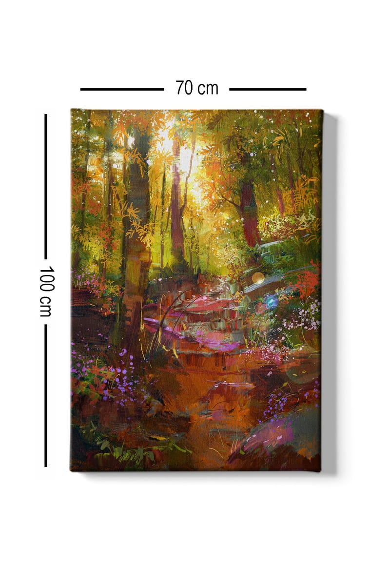 Canvas taulu 70x100 cm - Värikäs metsämaisema mutkittelevalla polulla ja valossa kukkivilla kukilla - Vihreä / Oranssi / Violetti - Sisustustuotteet - Taulu & taide - Canvas-taulu