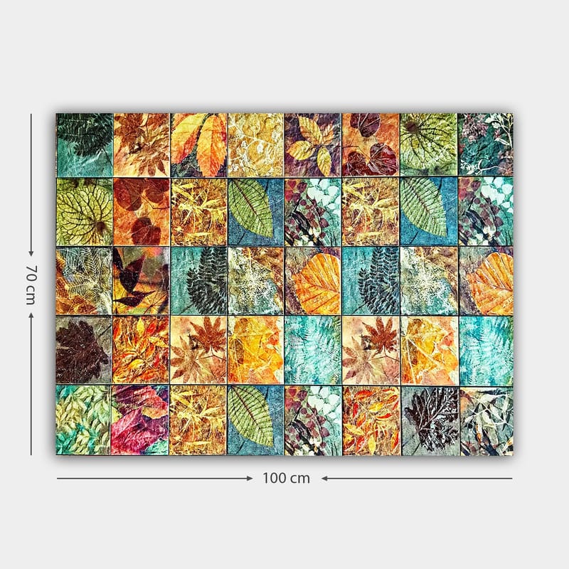 Canvas taulu 70x100 cm - Värikäs mosaiikki eri lehtiä eri sävyissä ja kuvioissa - Vihreä / Oranssi / Keltainen - Sisustustuotteet - Taulu & taide - Canvas-taulu