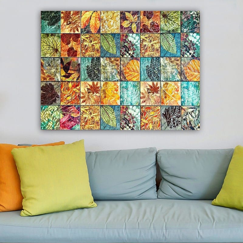 Canvas taulu 70x100 cm - Värikäs mosaiikki eri lehtiä eri sävyissä ja kuvioissa - Vihreä / Oranssi / Keltainen - Sisustustuotteet - Taulu & taide - Canvas-taulu