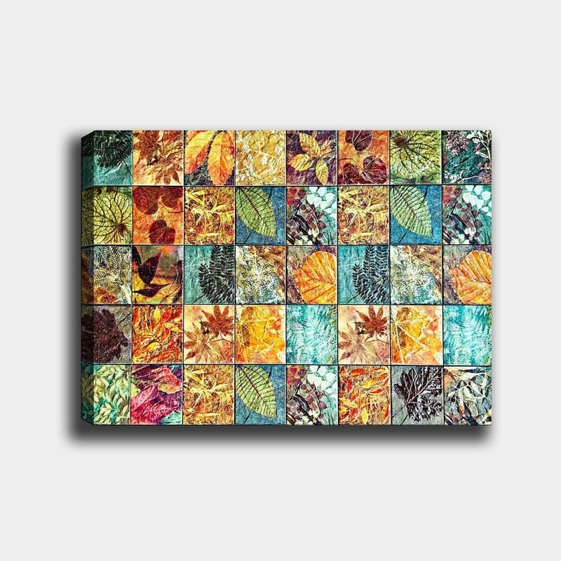 Canvas taulu 70x100 cm - Värikäs mosaiikki eri lehtiä eri sävyissä ja kuvioissa, Vihreä / Oranssi / Keltainen