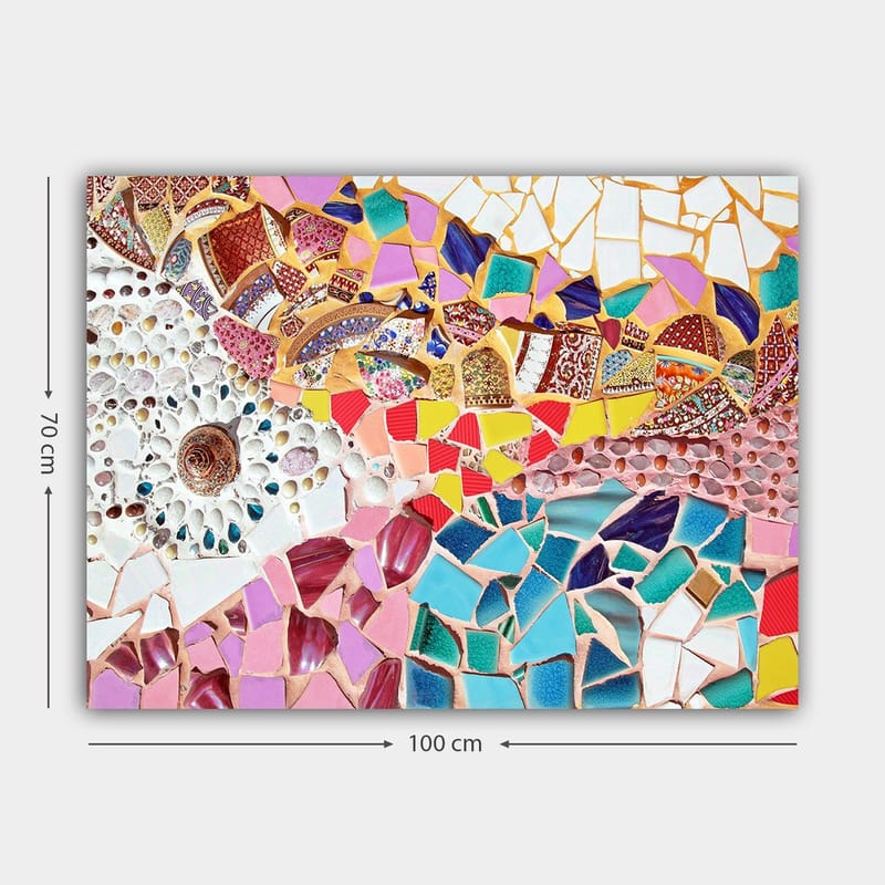 Canvas taulu 70x100 cm - Värikäs mosaiikkiteos, jossa simpukoita ja geometrisia muotoja luo eloisan sommitelman - Vaaleanpunainen / Sininen / Kulta - Sisustustuotteet - Taulu & taide - Canvas-taulu