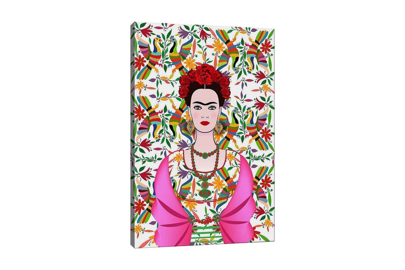 Canvas taulu 70x100 cm - Värikäs muotokuva naisesta perinteisissä meksikolaisissa vaatteissa ja kukilla hiuksissa, eloisan linnuilla ja kukilla täytetyn taustan ympäröimänä, Vaaleanpunainen / Vihreä / Punainen