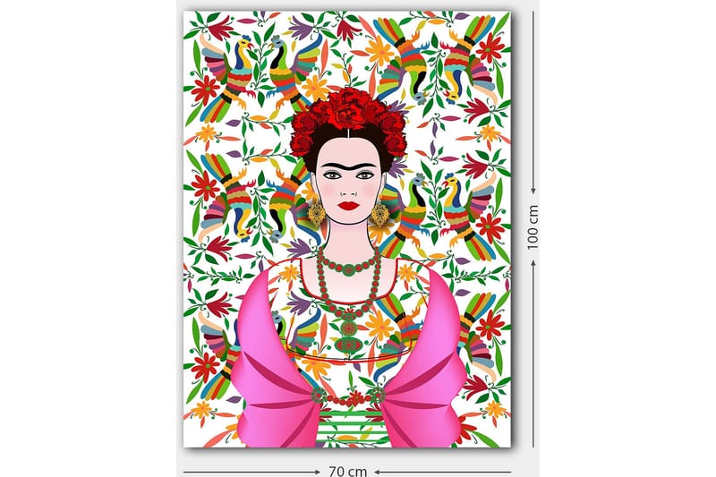 Canvas taulu 70x100 cm - Värikäs muotokuva naisesta perinteisissä meksikolaisissa vaatteissa ja kukilla hiuksissa, eloisan linnuilla ja kukilla täytetyn taustan ympäröimänä - Vaaleanpunainen / Vihreä / Punainen - Sisustustuotteet - Taulu & taide - Canvas-taulu