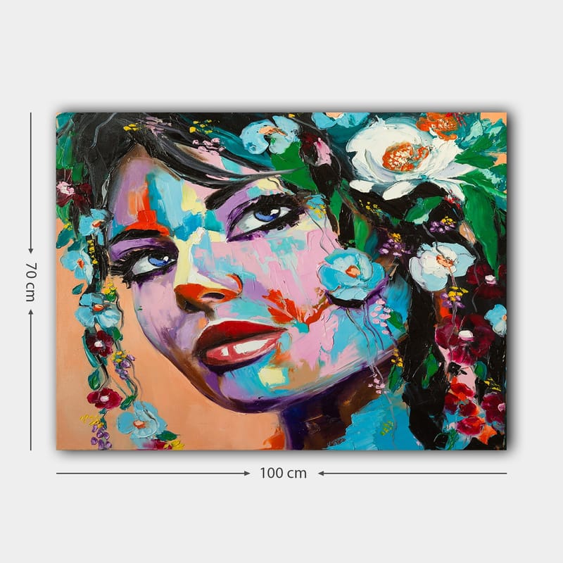 Canvas taulu 70x100 cm - Värikäs muotokuvamaalaus naisesta, jolla on kukkia hiuksissaan - Sininen / Punainen / Vihreä - Sisustustuotteet - Taulu & taide - Canvas-taulu
