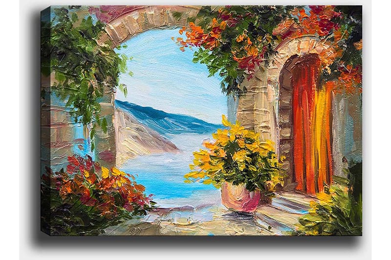 Canvas taulu 70x100 cm - Värikäs näkymä holvikaaren läpi, taustalla kukkia ja merta - Sininen / Oranssi / Vihreä - Sisustustuotteet - Taulu & taide - Canvas-taulu