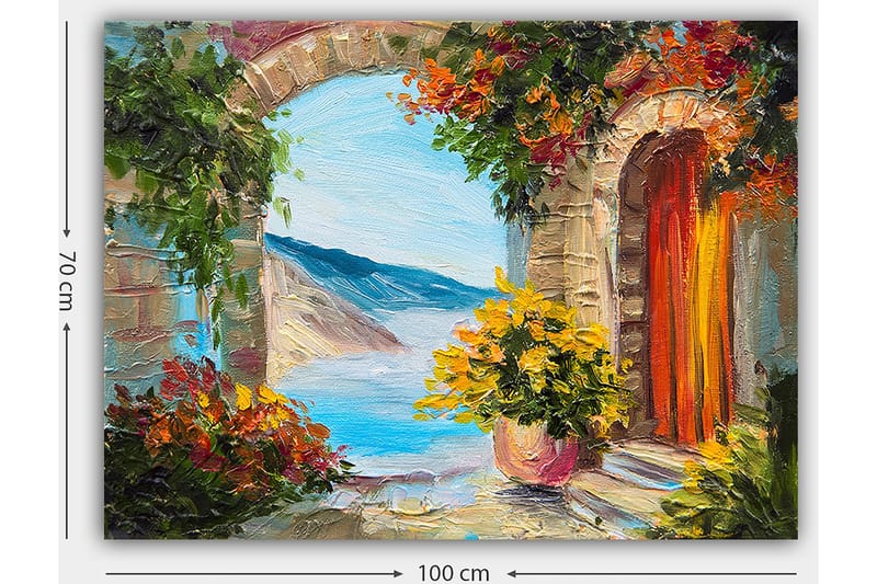 Canvas taulu 70x100 cm - Värikäs näkymä holvikaaren läpi, taustalla kukkia ja merta - Sininen / Oranssi / Vihreä - Sisustustuotteet - Taulu & taide - Canvas-taulu