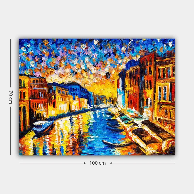 Canvas taulu 70x100 cm - Värikäs näkymä kanavasta, rakennuksista ja veneistä auringonlaskun aikaan kaupungissa - Sininen / Oranssi / Keltainen - Sisustustuotteet - Taulu & taide - Canvas-taulu