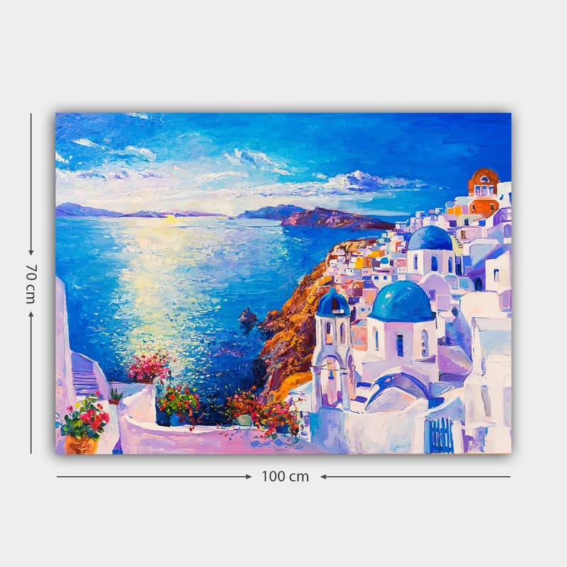 Canvas taulu 70x100 cm - Värikäs näkymä kreikkalaisesta rannikkokaupungista, jossa valkoiset rakennukset ja siniset kupolit kurottavat kohti merta - Sininen / Valkoinen / Oranssi - Sisustustuotteet - Taulu & taide - Canvas-taulu