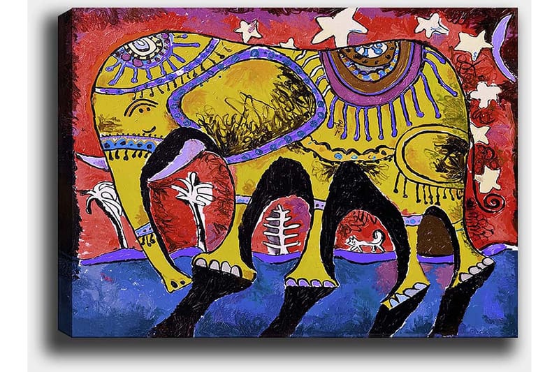 Canvas taulu 70x100 cm - Värikäs norsu koristeellisilla kuvioilla eloisalla taustalla - Keltainen / Punainen / Sininen - Sisustustuotteet - Taulu & taide - Canvas-taulu