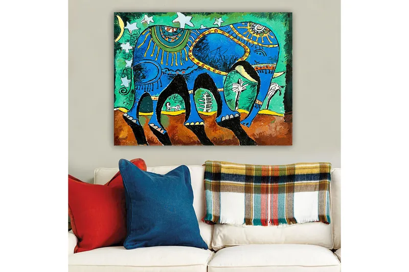 Canvas taulu 70x100 cm - Värikäs norsu koristeellisilla kuvioilla ja symboleilla - Sininen / Vihreä / Ruskea - Sisustustuotteet - Taulu & taide - Canvas-taulu