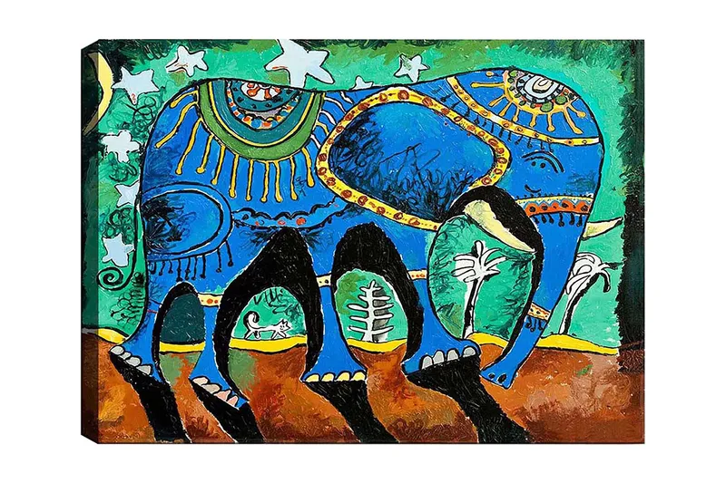 Canvas taulu 70x100 cm - Värikäs norsu koristeellisilla kuvioilla ja symboleilla, Sininen / Vihreä / Ruskea