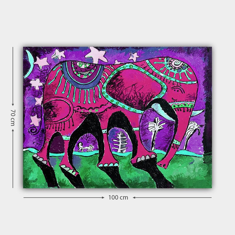 Canvas taulu 70x100 cm - Värikäs norsu koristeellisilla kuvioilla ja symboleilla - Violetti / Vaaleanpunainen / Vihreä - Sisustustuotteet - Taulu & taide - Canvas-taulu