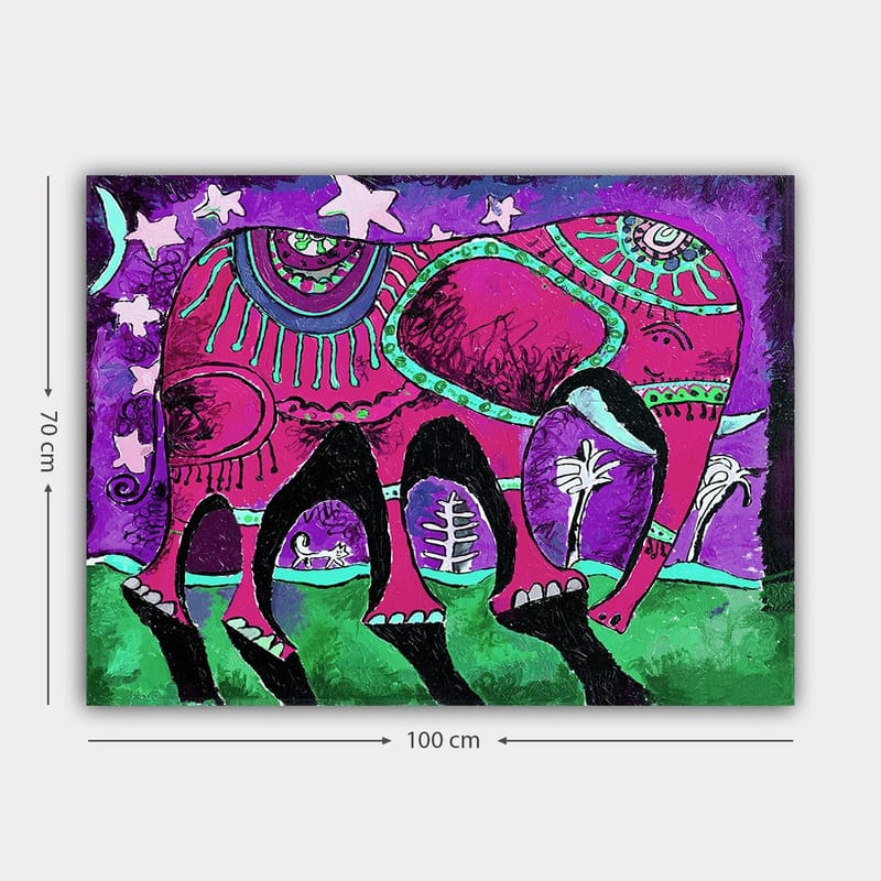 Canvas taulu 70x100 cm - Värikäs norsu koristeellisilla kuvioilla ja symboleilla - Violetti / Vaaleanpunainen / Vihreä - Sisustustuotteet - Taulu & taide - Canvas-taulu