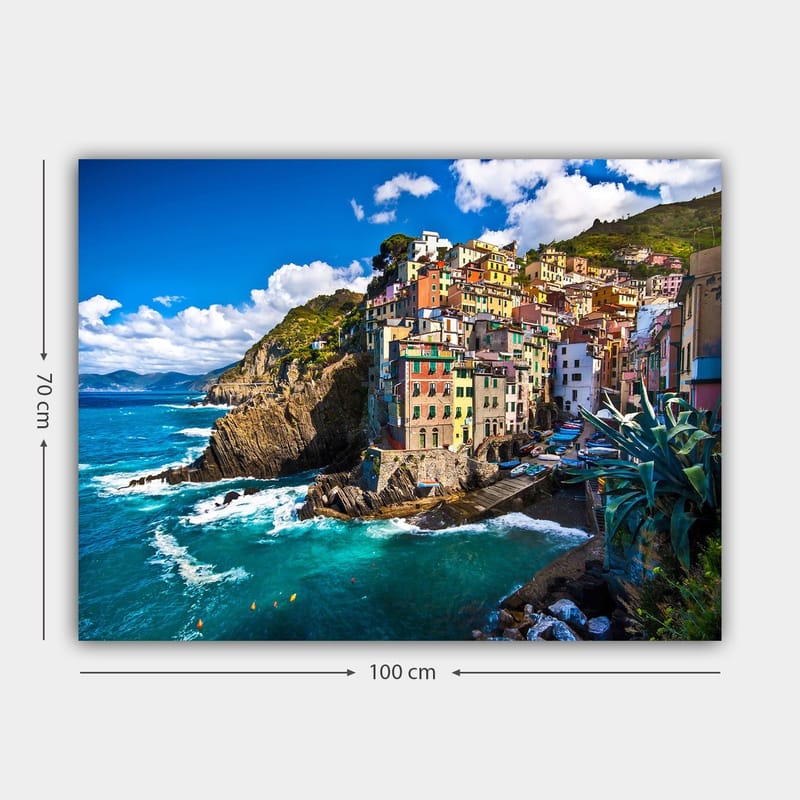 Canvas taulu 70x100 cm - Värikäs rannikkokylä värikkäine taloineen kiipeää kallioita pitkin meren rannalla - Sininen / Vihreä / Beige - Sisustustuotteet - Taulu & taide - Canvas-taulu