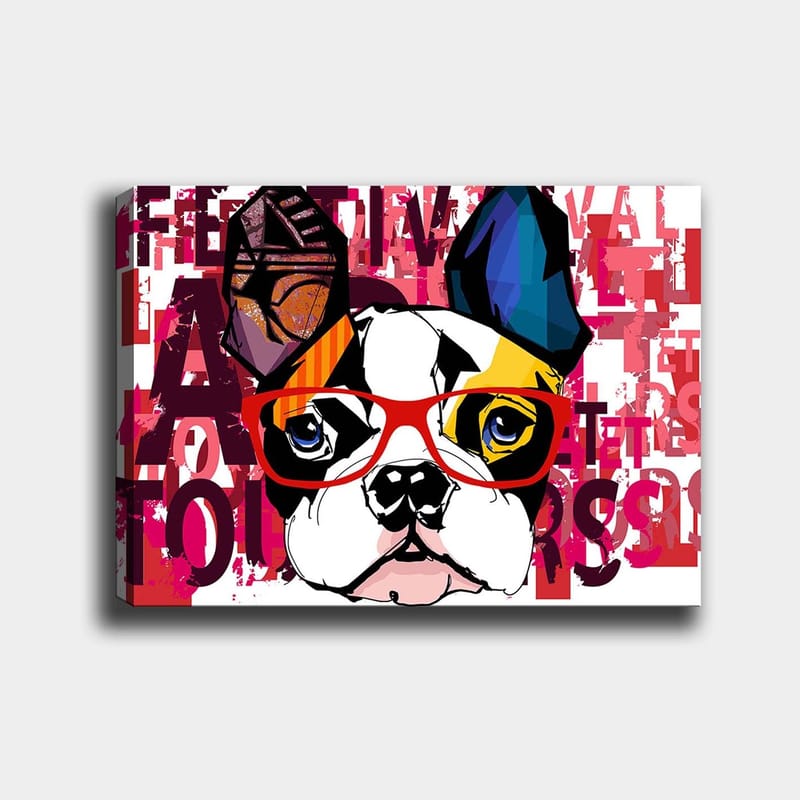 Canvas taulu 70x100 cm - Värikäs ranskanbulldoggi laseilla ja leikkisillä yksityiskohdilla, Valkoinen / Musta / Punainen