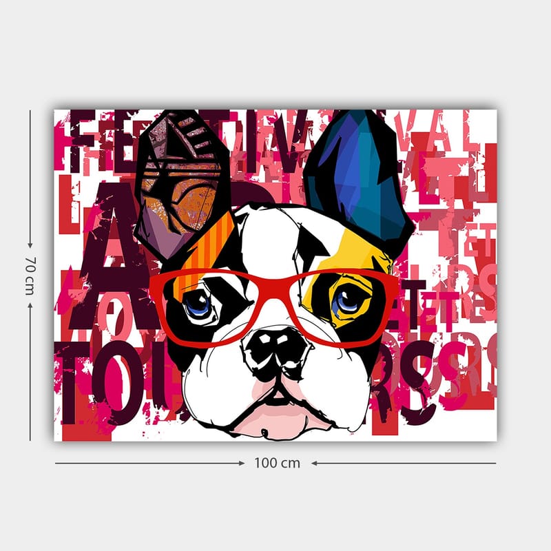 Canvas taulu 70x100 cm - Värikäs ranskanbulldoggi laseilla ja leikkisillä yksityiskohdilla - Valkoinen / Musta / Punainen - Sisustustuotteet - Taulu & taide - Canvas-taulu