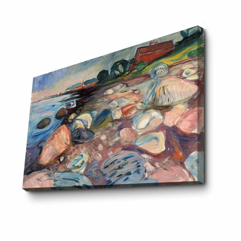 Canvas taulu 70x100 cm - Värikäs rantamaisema kivillä ja punaisella mökillä taustalla - Sininen / Vaaleanpunainen / Vihreä - Sisustustuotteet - Taulu & taide - Canvas-taulu