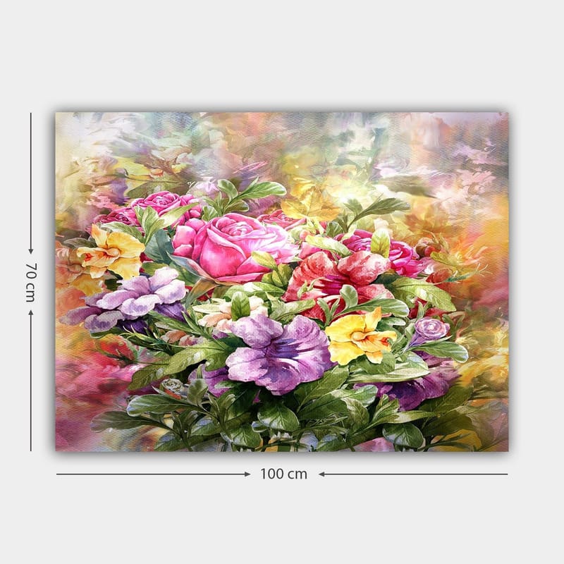 Canvas taulu 70x100 cm - Värikäs ruusujen ja orvokkien kimppu eri sävyissä - Vaaleanpunainen / violetti / keltainen - Sisustustuotteet - Taulu & taide - Canvas-taulu