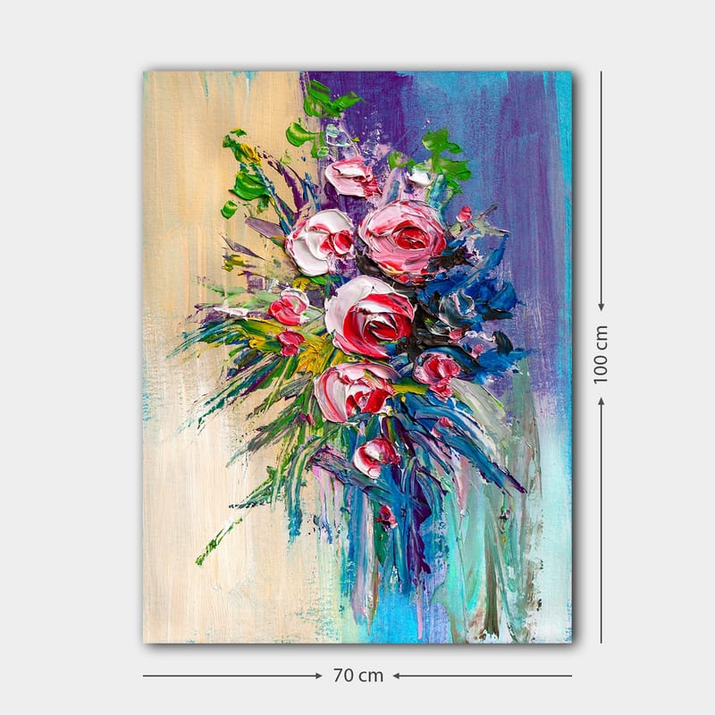 Canvas taulu 70x100 cm - Värikäs ruusukimppu vihreillä lehdillä - Vaaleanpunainen / Vihreä / Sininen - Sisustustuotteet - Taulu & taide - Canvas-taulu