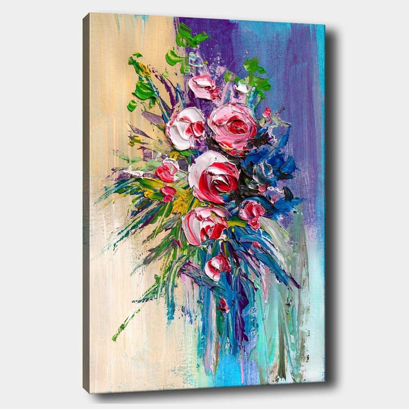 Canvas taulu 70x100 cm - Värikäs ruusukimppu vihreillä lehdillä, Vaaleanpunainen / Vihreä / Sininen