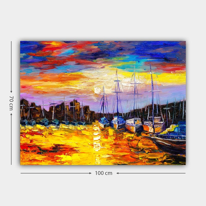 Canvas taulu 70x100 cm - Värikäs satamamaisema, jossa purjeveneet heijastuvat vedessä auringonlaskun aikaan - Kulta / Sininen / Oranssi - Sisustustuotteet - Taulu & taide - Canvas-taulu