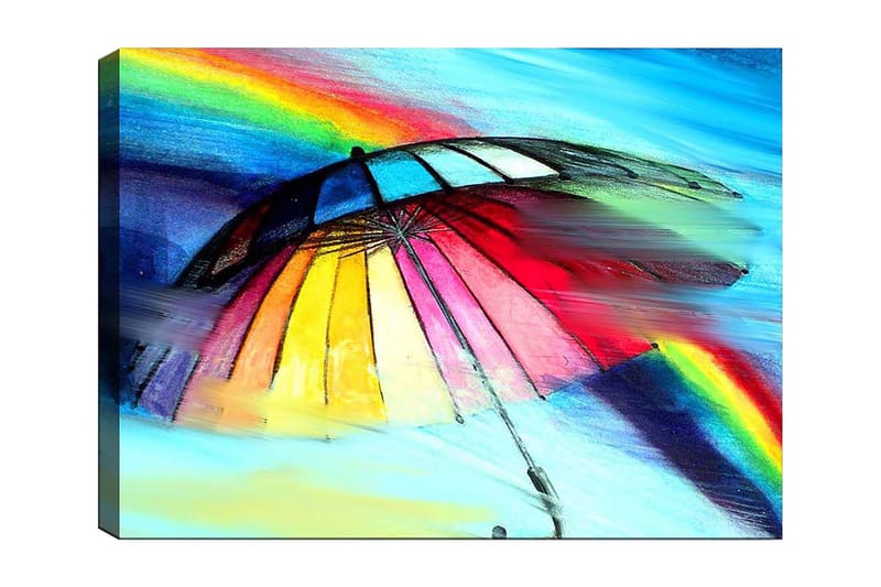 Canvas taulu 70x100 cm - Värikäs sateenvarjo sateenkaarella taustalla, Punainen / Keltainen / Sininen