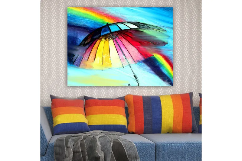 Canvas taulu 70x100 cm - Värikäs sateenvarjo sateenkaarella taustalla - Punainen / Keltainen / Sininen - Sisustustuotteet - Taulu & taide - Canvas-taulu