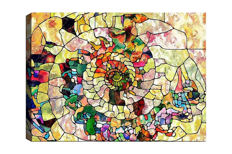 Canvas taulu 70x100 cm - Värikäs simpukka geometrisilla kuvioilla ja spiraalimaisilla yksityiskohdilla, Vihreä / Punainen / Keltainen