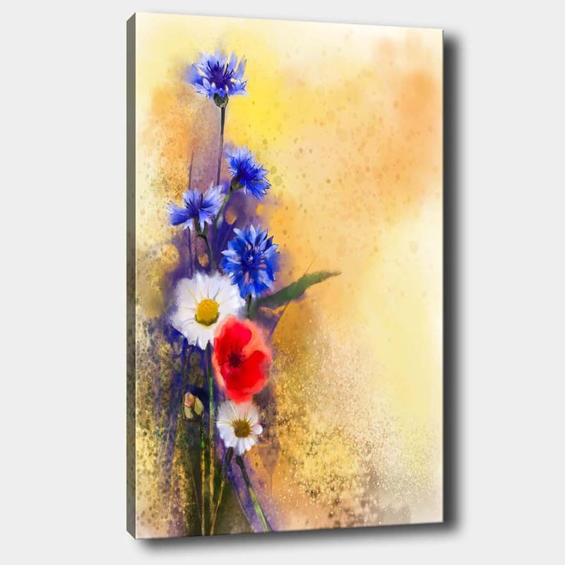 Canvas taulu 70x100 cm - Värikäs sinisten ja punaisten kukkien kimppu pehmeää, lämmintä taustaa vasten, Sininen / Punainen / Valkoinen
