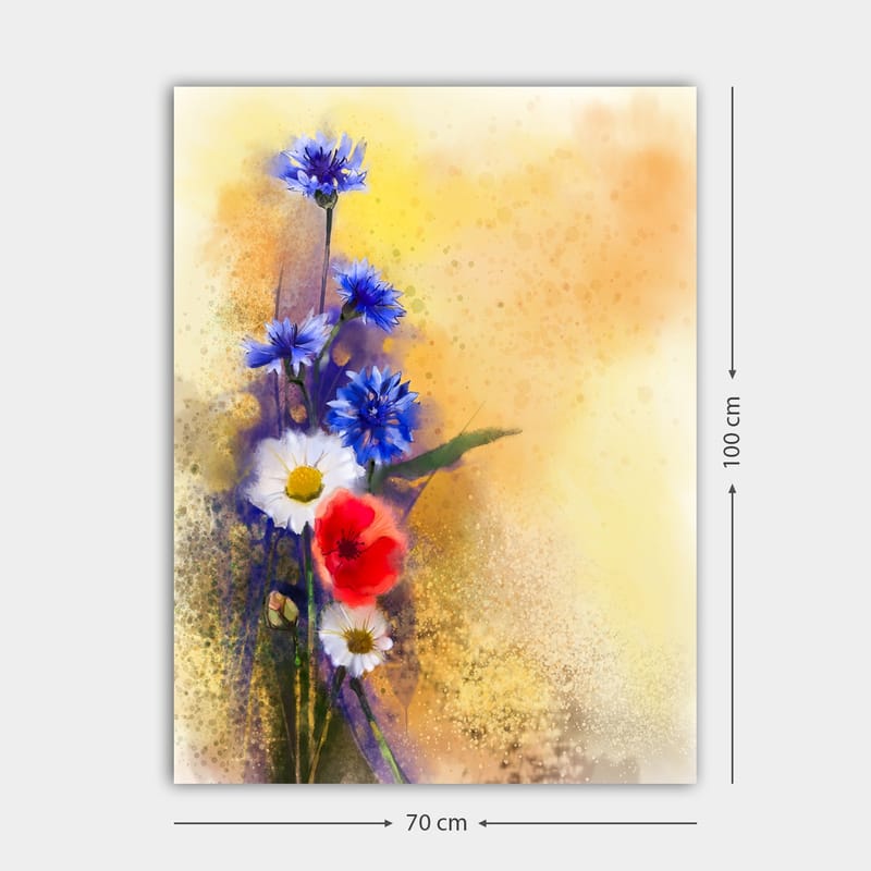 Canvas taulu 70x100 cm - Värikäs sinisten ja punaisten kukkien kimppu pehmeää, lämmintä taustaa vasten - Sininen / Punainen / Valkoinen - Sisustustuotteet - Taulu & taide - Canvas-taulu