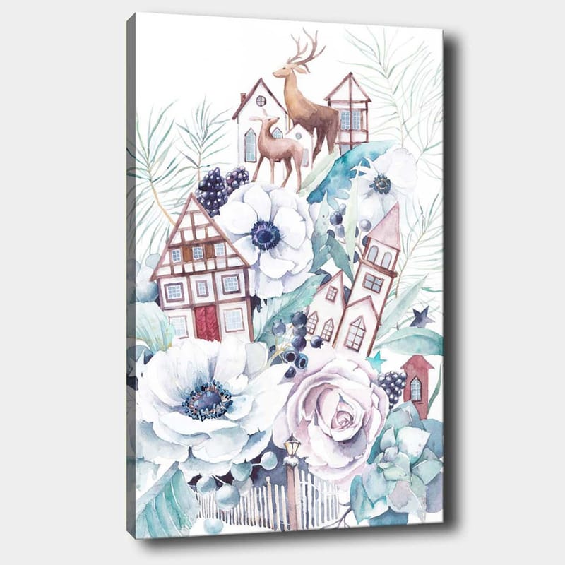 Canvas taulu 70x100 cm - Värikäs sommitelma kukista, taloista ja eläimistä harmonisessa maisema-asetelmassa - Valkoinen / Vihreä / Ruskea - Sisustustuotteet - Taulu & taide - Canvas-taulu