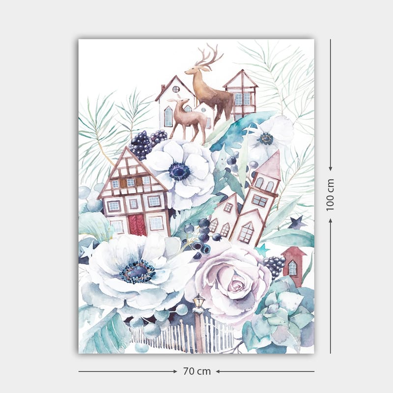 Canvas taulu 70x100 cm - Värikäs sommitelma kukista, taloista ja eläimistä harmonisessa maisema-asetelmassa - Valkoinen / Vihreä / Ruskea - Sisustustuotteet - Taulu & taide - Canvas-taulu