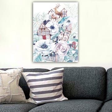 Canvas taulu 70x100 cm - Värikäs sommitelma kukista, taloista ja eläimistä harmonisessa maisema-asetelmassa - Valkoinen / Vihreä / Ruskea - Sisustustuotteet - Taulu & taide - Canvas-taulu