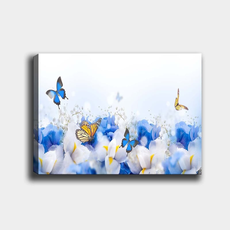 Canvas taulu 70x100 cm - Värikäs sommitelma perhosista, jotka leijuvat valkoisten ja sinisten kukkien yllä, Sininen / Valkoinen / Keltainen