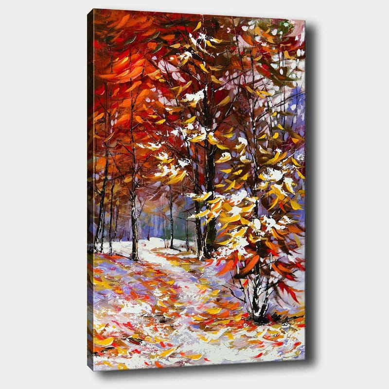 Canvas taulu 70x100 cm - Värikäs syysmaisema, jossa puita rikkaissa punaisen ja keltaisen sävyissä lumen ympäröimänä - Punainen / Keltainen / Valkoinen - Sisustustuotteet - Taulu & taide - Canvas-taulu