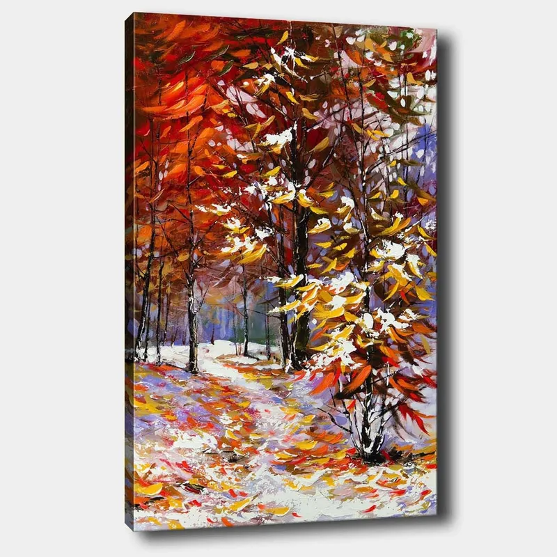 Canvas taulu 70x100 cm - Värikäs syysmaisema, jossa puita rikkaissa punaisen ja keltaisen sävyissä lumen ympäröimänä, Punainen / Keltainen / Valkoinen