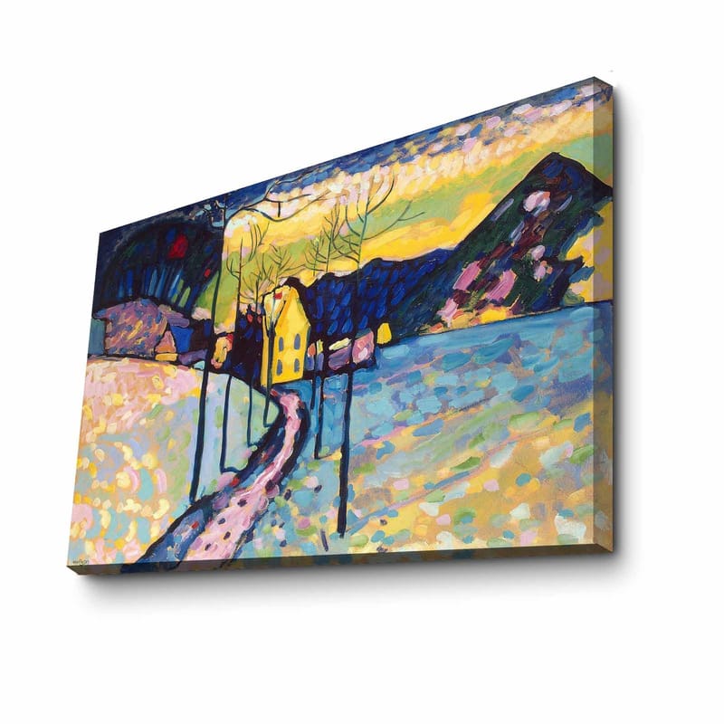 Canvas taulu 70x100 cm - Värikäs talvimaisema, jossa tie johtaa keltaiseen taloon lumen ja puiden ympäröimänä - Sininen / Keltainen / Valkoinen - Sisustustuotteet - Taulu & taide - Canvas-taulu