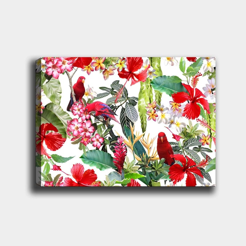 Canvas taulu 70x100 cm - Värikäs trooppinen kasvisto punaisilla papukaijoilla ja kukilla - Punainen / Vihreä / Vaaleanpunainen - Sisustustuotteet - Taulu & taide - Canvas-taulu